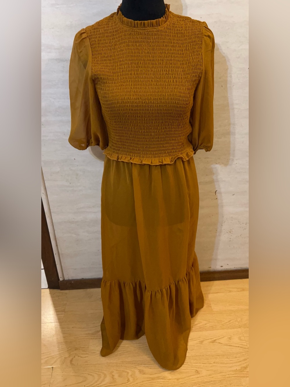 NWT- Nanette Lepore
Smocked Midi Dress in the shade Medieval Gold.